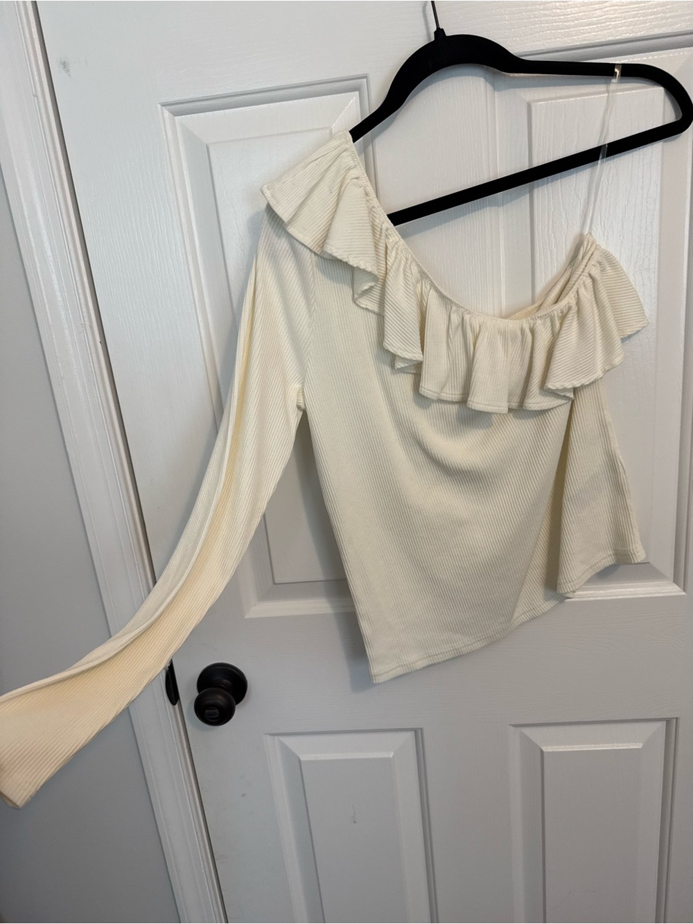 J. Crew Cream One-Shoulder Ruffle Ribbed Top - Picture 2 of 5